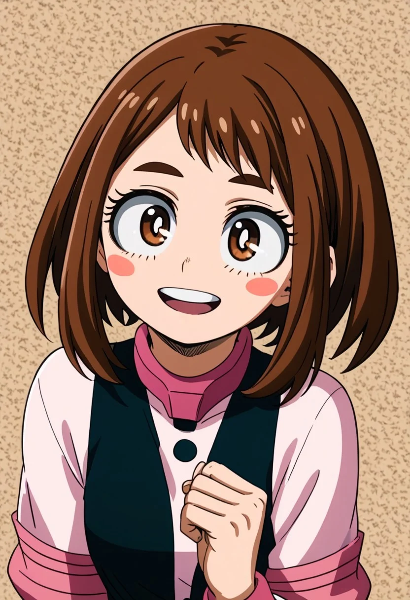 1girl, ochako_uraraka, brown hair, brown eyes, white pupil, blush stickers, happy, ANIMESTYLE