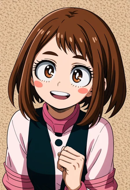 1girl, ochako_uraraka, brown hair, brown eyes, white pupil, blush stickers, happy, ANIMESTYLE