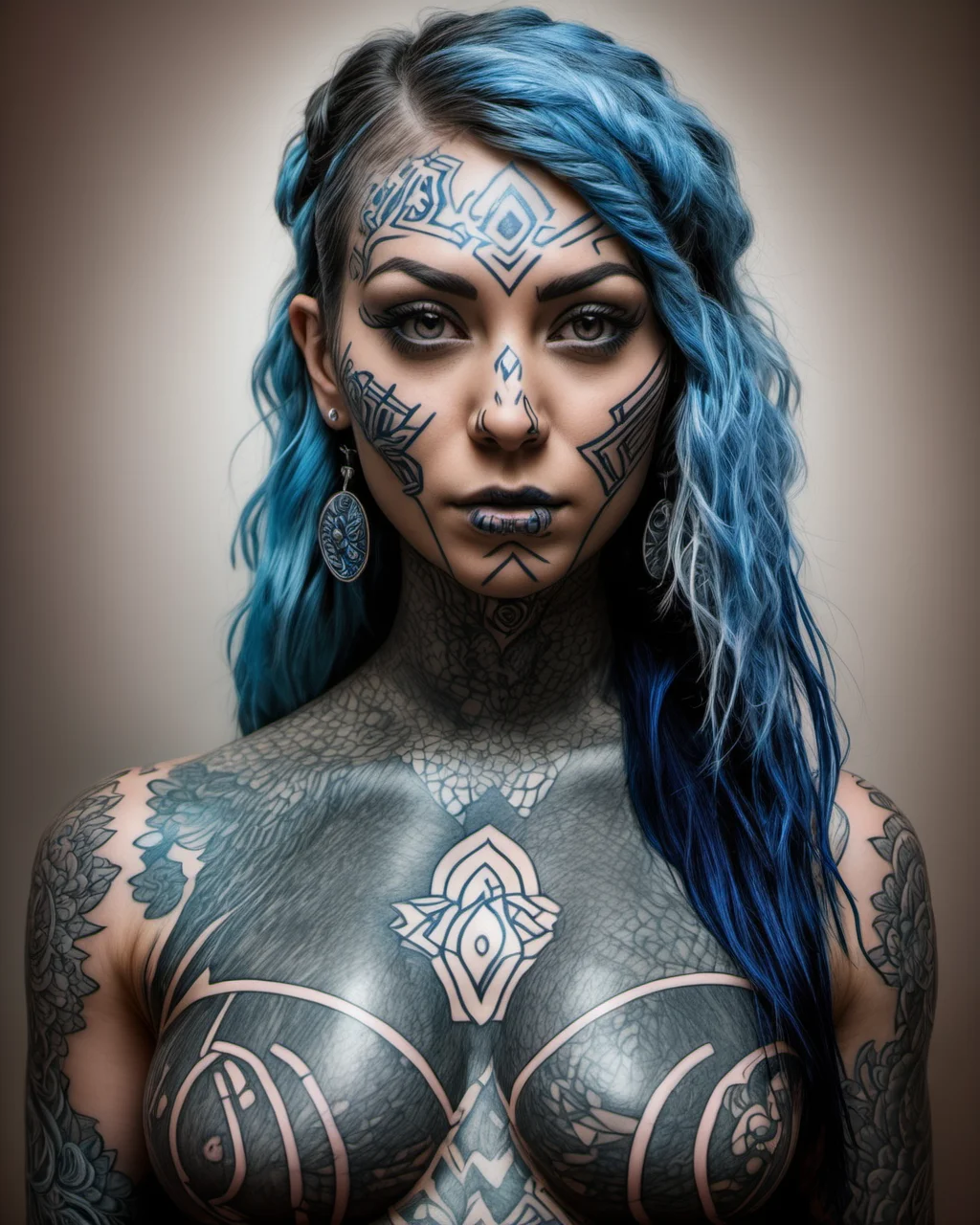 Drive arising photo portrait of the fully dark tattooed face of a tattooed woman <lora:DarTataBodG-XL_V2:1.0> with long blue hair