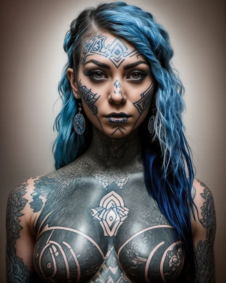Drive arising photo portrait of the fully dark tattooed face of a tattooed woman <lora:DarTataBodG-XL_V2:1.0> with long blue hair