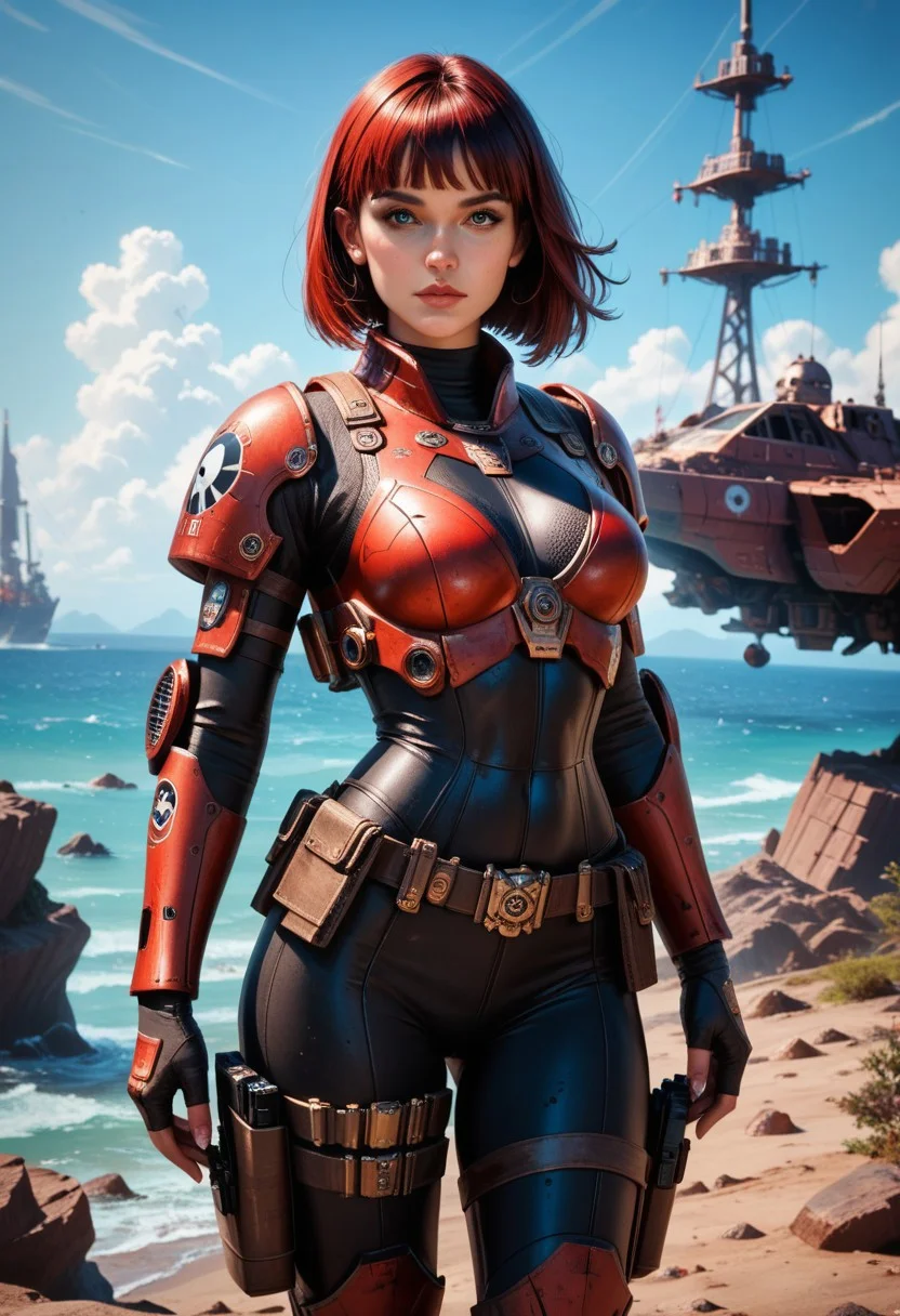 score_9, score_8_up, score_7_up, photorealistic, concept art, futuristic, masterpiece, female space pirate in red and black power armour, long straight-cut white bob, bangs, dramatic make-up, thigh straps with holsters, holding assault rifle, in fortress stronghold, dynamic image, cinematic