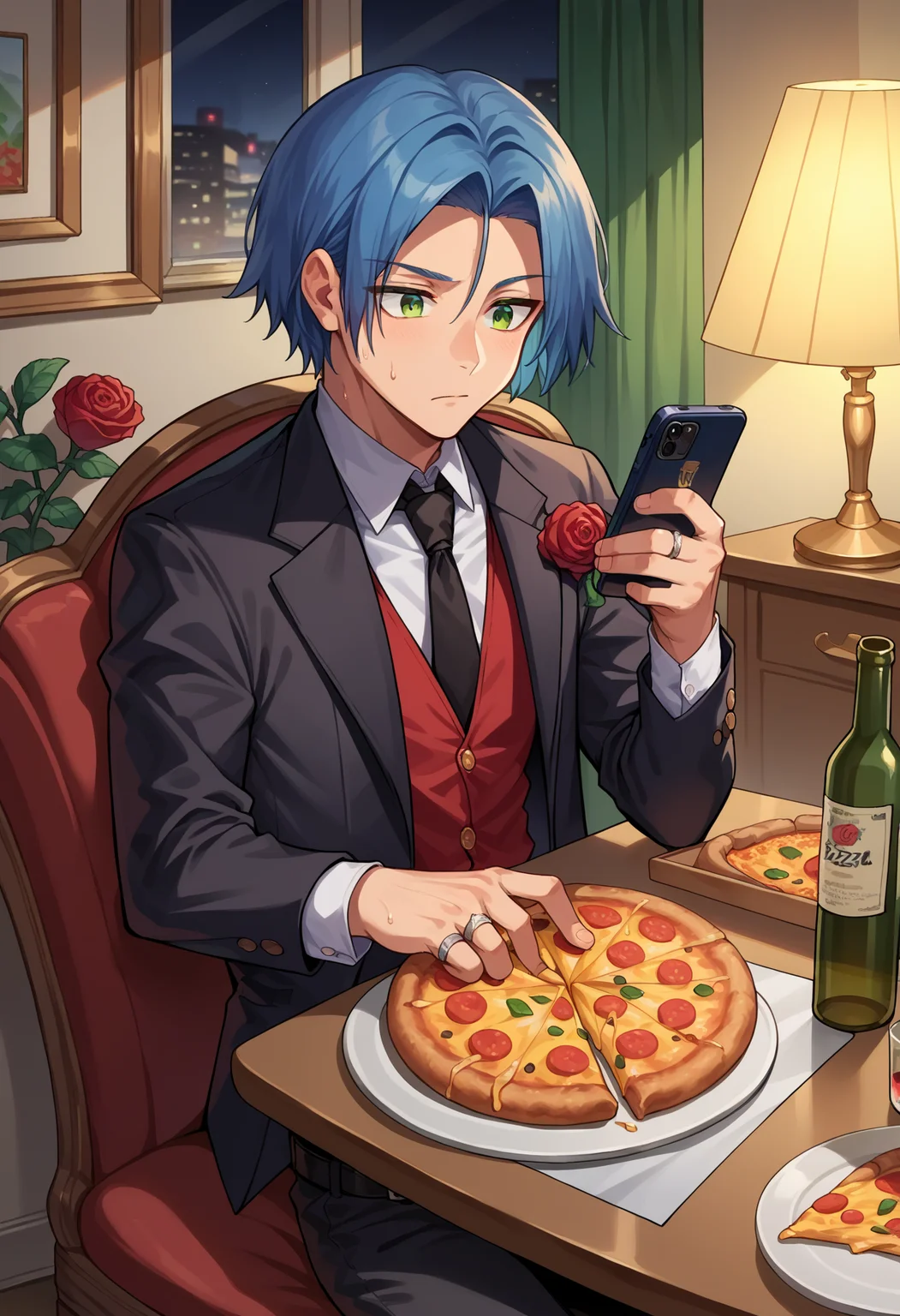 score_9, score_8_up,score_7_up, score_9, score_8_up,score_7_up, source_anime, 1boy, solo, <lora:EPpkJamesPony-07:0.8> EPpkJames, medium hair, blue hair, green eyes, alcohol, belt, black belt, black jacket, black necktie, black pants, bottle, bucket, butler, chair, cheese trail, closed mouth, collared shirt, corded phone, cropped jacket, cuff links, curtains, flower, food, fringe trim, holding, holding phone, indoors, jacket, jewelry, knee up, lamp, long sleeves, male focus, necktie, pants, pepperoni, phone, picture frame, pizza, pizza box, pizza slice, portrait (object), red flower, red rose, red vest, ring, rose, shirt, sitting, stairs, sweat, talking on phone, tie clip, vest, wall lamp, white shirt, window, wine bottle