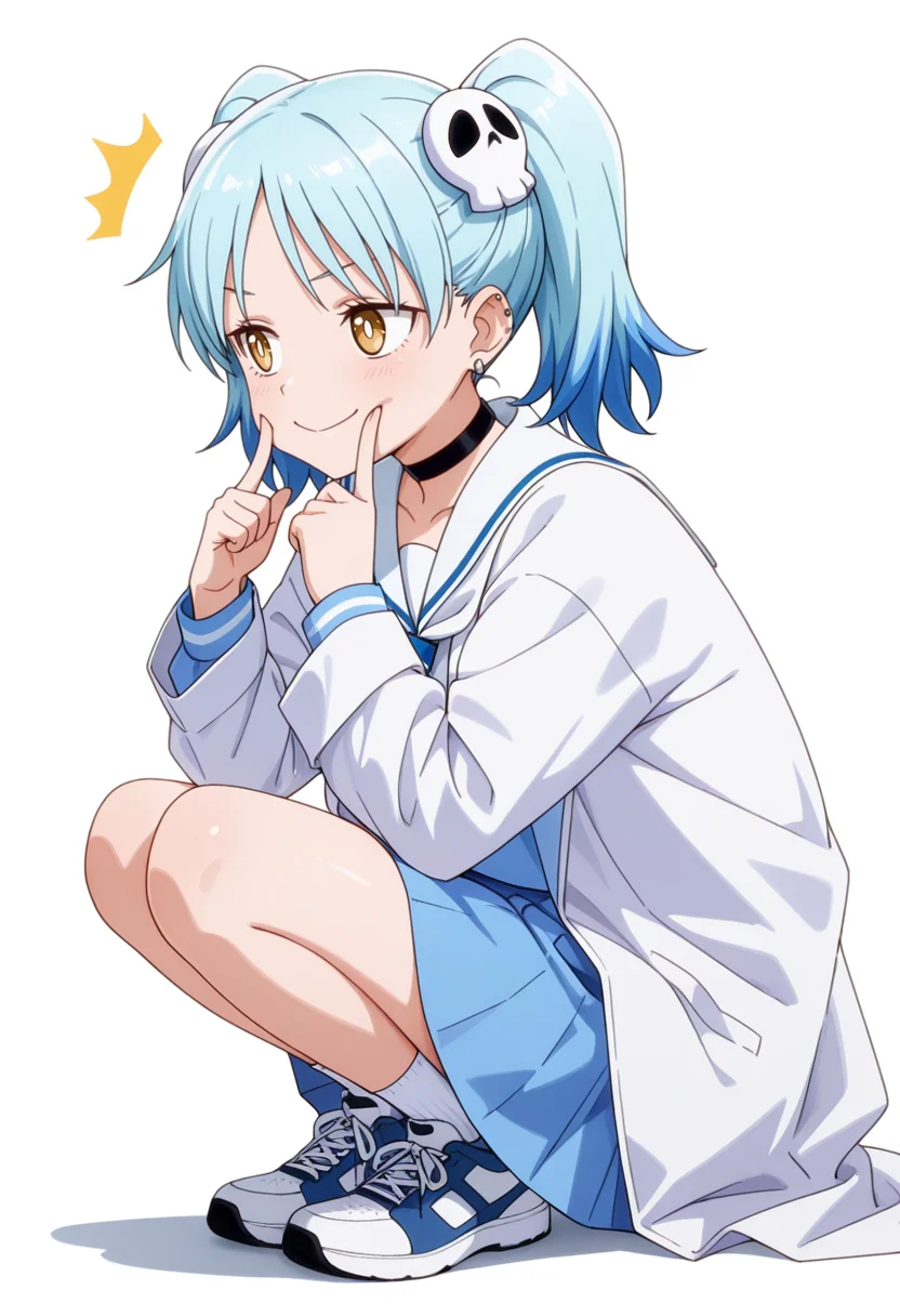 masterpiece,high quality details, absurdres,
<lora:Izutsumi_Marín:0.8>
izutsumi_cnr, 1girl, blue hair,yellow eyes, multicolored hair, skull hair ornament, twintails, black choker,ear piercing,
white sailor collar, blue serafuku, blue shirt,blue skirt,labcoat, white socks, sneakers,, simple background, white background, from side,solo,, ^^^,fingersmile,, ^q^,, ultra realistic, high detailed skin,