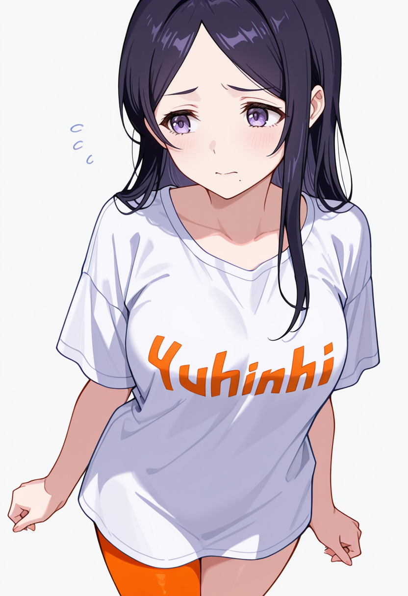 masterpiece,high quality details, absurdres,
 <lora:Kohinata:0.8>
kohinata_cnr,  1girl, black hair, long hair,parted bangs, purple eyes,mole under mouth,, simple background, white background, dutch angle,solo,, worried,raised eyebrow,, oversized shirt,blouse ,single leg pantyhose, ,orange pantyhose,