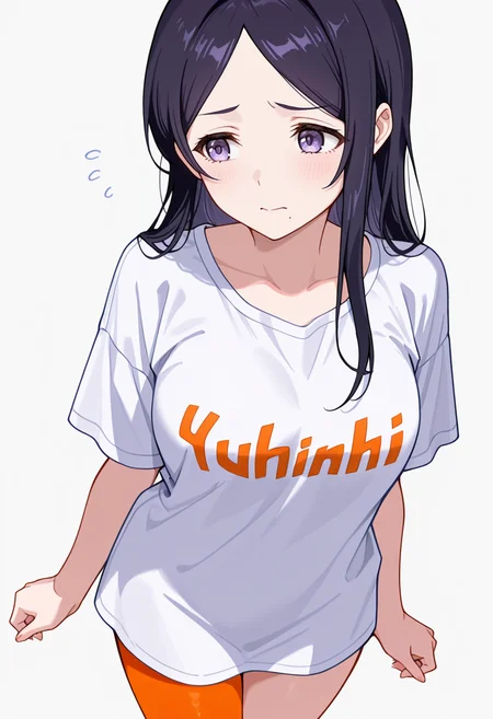 masterpiece,high quality details, absurdres,
 <lora:Kohinata:0.8>
kohinata_cnr,  1girl, black hair, long hair,parted bangs, purple eyes,mole under mouth,, simple background, white background, dutch angle,solo,, worried,raised eyebrow,, oversized shirt,blouse ,single leg pantyhose, ,orange pantyhose,