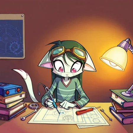score_9, score_8_up, score_7_up,lilith_calah,
1girl,solo,furry,tail,dark green hair, source_furry,
,<lora:lilith_calah_illustrious:0.8>,
child, kid,
screwdriver, wires, robot_parts, goggles, desk, blueprint, striped_shirt, gears, lamp