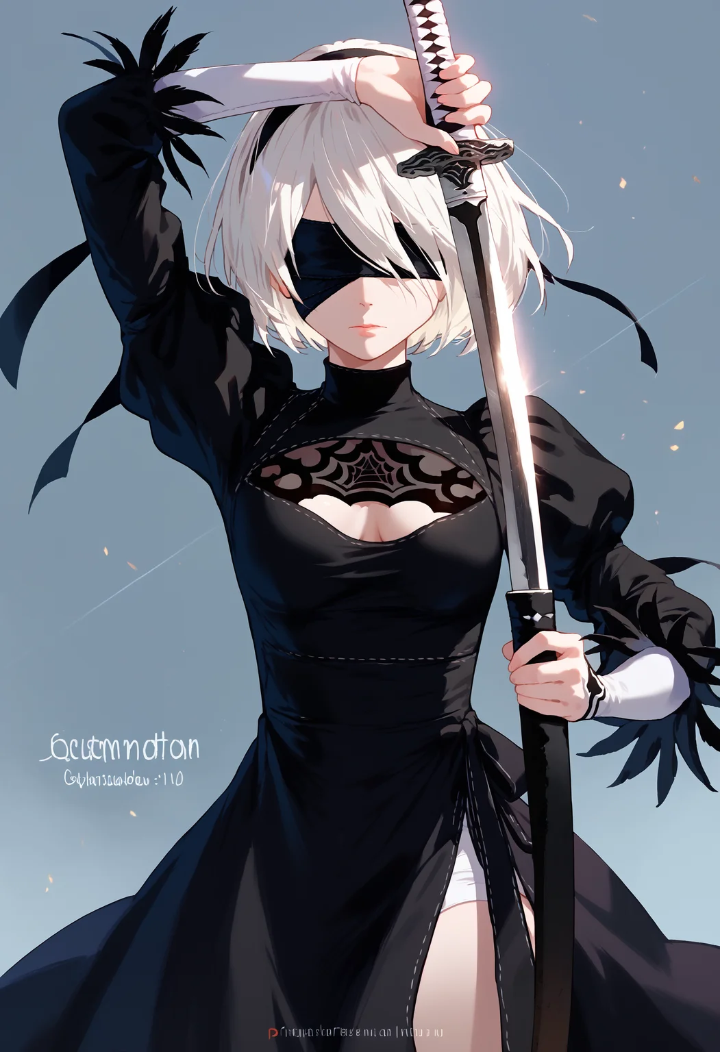 score_9, score_8_up, score_7_up, arm up unsheathing sword, 1girl, yorha no. 2 type b, black blindfold, simple background, black dress
<lora:unsheathing_pose_vertical_3_final:1>