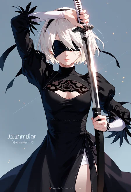 score_9, score_8_up, score_7_up, arm up unsheathing sword, 1girl, yorha no. 2 type b, black blindfold, simple background, black dress
<lora:unsheathing_pose_vertical_3_final:1>