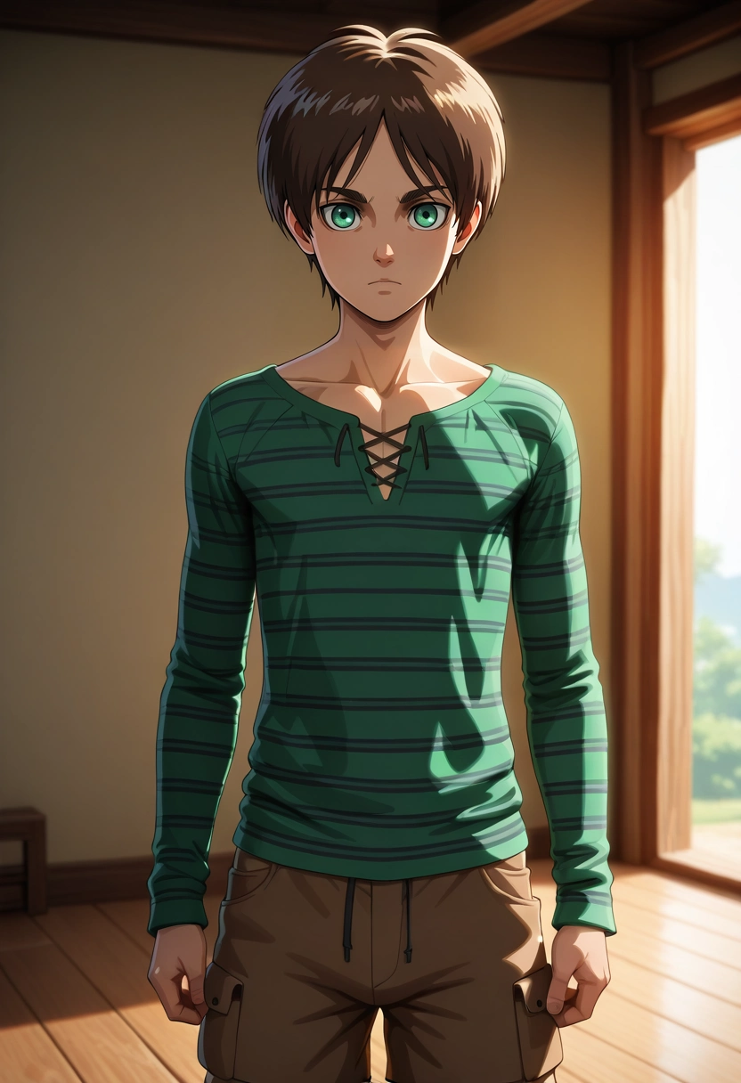 masterpiece, best quality, , (3d:0.4), looking at viewer, , 1boy, solo, male focus, <lora:eren_yeager_ilxl:0.8>, eren_yeager, brown hair, green eyes, , Cropped cargo shorts, Striped Henley shirt, , ,
