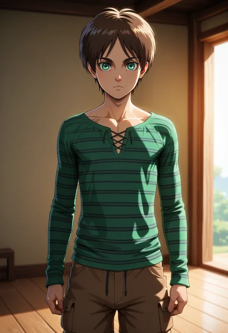 masterpiece, best quality, , (3d:0.4), looking at viewer, , 1boy, solo, male focus, <lora:eren_yeager_ilxl:0.8>, eren_yeager, brown hair, green eyes, , Cropped cargo shorts, Striped Henley shirt, , ,