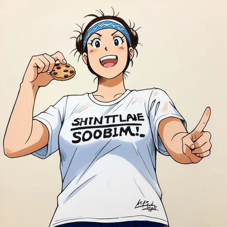 Bpb1,traditional media,Bpb_char,Score_9,score_8_up, score_7_up, score_6_up,simple background,,1girl,(kt),strait dark brown hair,hair in bun, headband, cowboy shot, fighting pose,(holding a cookie), looking at viewer, pointing, tshirt, from below, smoke, "no 2" written on shirt