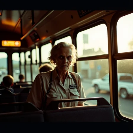 analog film photo Half-body portrait, city bus frozen mid-route, early golden hour: A middle-aged woman zombie stands behind the front bus window, her face lit softly by the sinking sun outside. She wears a faded name tag, a retail uniform, and has a grocery bag still hooked around one hand. Her face is sallow but symmetrical, lips parted just slightly to show worn, greying teeth. Her sclera eyes are milky white and catch the gold glow. Shot with a Pentax 67, 105mm, film: Kodak Ektar 100, sun backlighting the smudged window and using the bus aisle mirrors as reflectors. Dust floats in the air behind her. A child's toy sits abandoned on the next seat. It's intimate and tragicâan echo of routine life turned still.
<lora:undead denizens v2.2:1> . faded film, desaturated, 35mm photo, grainy, vignette, vintage, Kodachrome, Lomography, stained, highly detailed, found footage