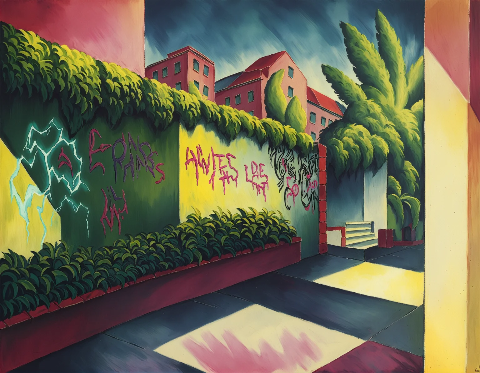 <lora:august-macke_pony_v1:1> ' cyberpunk ' by Macke August in 1913, genre painting \(genre\), Fauvism \(style\), Orphism \(style\), gardens-and-parks, lakes-and-ponds, leisure-and-sleep, Data-streamed streets alive with the hum of electricity, neon-lit alleyways lined with virtual graffiti and augmented reality advertisements, a digital underworld thriving beneath the surface, score_9, score_8_up, rating_safe,general