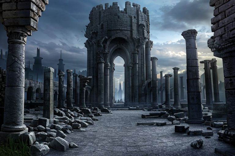 (masterpiece:1.2), (best quality,:1.2), 8k, HDR, ultra detailed, ((photorealistic)), professional light, cinematic lighting, fashion photography, ambient lighting,<lora:detail_slider_v4:3>, ruins of a sinister tower on a hill, magical lights, FanRu <lora:FantasyRuins-10:0.9>, ((perfect hands)), epiCPhoto