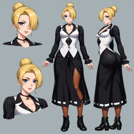 , ,source_anime,maturekfs,mature_(kof) , small breasts, cleavage, pantyhose, blonde hair, hair bun, hair over one eye, blue eyes , earrings, choker , long dress, ankle boots, black shorts , long sleeves, loose sleeves, vestthigh strap , beautiful woman face, beautiful lips, lipstick, (different emotional expressions) ,nsfw, perfect ass, flat,good anatomy ,multiple views of the same character,model sheet,chatacter sheet ,