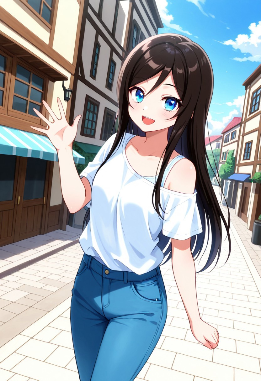 general,highres, ultra-detailed,very aesthetic,best quality ,best hands,best eyes,easynegative,
dynamic anglre, dutch angle, anime cloring,
1girl solo,looking at viewer,outdoors, smile,open mouth, town,waving hand, 
Hazuki,black_hair, long_hair, blue_eyes, small breasts, petite, short body,bare shoulder shirt, pants,
