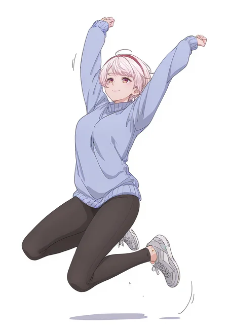 Smooth Quality,masterpiece,beautiful aesthetic, very intricate, high quality details, ultra realistic, high detailed skin,
simple background, white background, 
bored,front view,jumping, arms raised, legs bent, happy face, energetic posture,  ,
leggings, ,sweater, 
 <lora:Natsukawa_Renacnn:0.8> rena/cnn, 1girl, short hair,