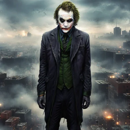 (animal:1.2), Joker, sad, fog, city, realistic, full body, black suit