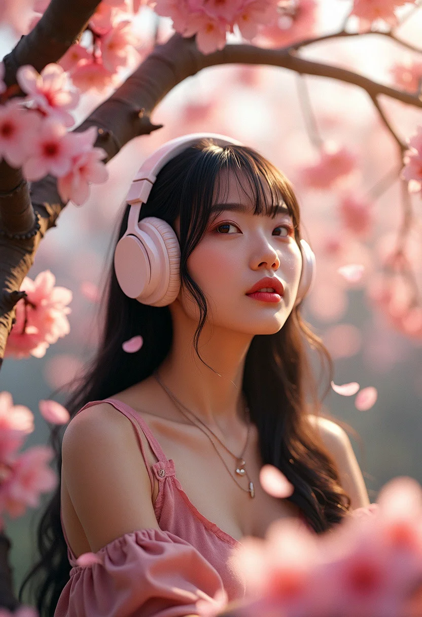 photorealistic photography of a dreamy scene of a woman perched on a cherry blossom tree, surrounded by pink petals floating in the breeze, wearing large headphones, lost in music, soft beams of sunlight breaking through the canopy, hyper-realistic, ultra-detailed floral patterns, naturalistic lighting, soft pastel colors, flowing dress fabric, intricate hair strands, relaxed and peaceful expression, ambient occlusion, ray-traced reflections, high contrast, ethereal glow, dynamic depth of field, cinematic framing, tranquil mood
The woman characteristic are, curvy body, beautiful large round eyes, large breasts, black hair, long bangs, brown eyes. She is wearing necklace, ring, piercing, bracelet, wristwatch, fake nails,
