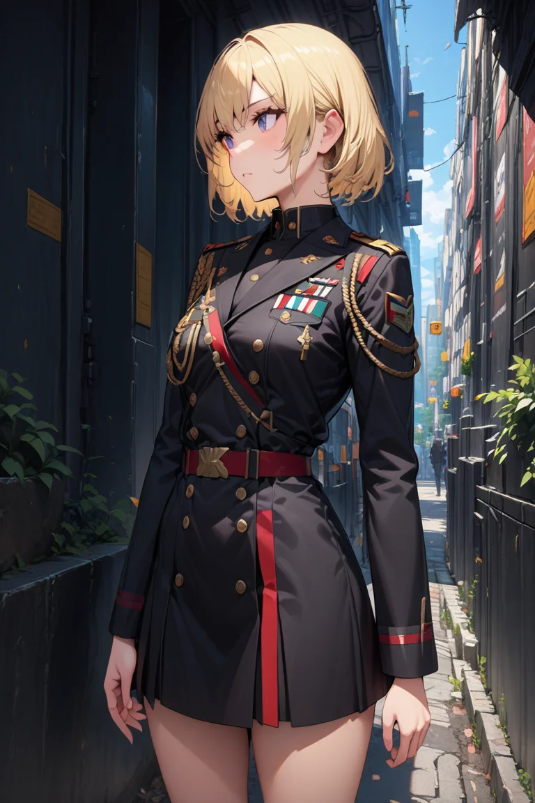 (masterpiece), (high detail),1girl, solo, blond hair, body, outdoor, from front, good hand,look away, obilonian empire, obilonian empire military uniform, <lora:Obilonian_Empire_Military_Uniform:0.8>,