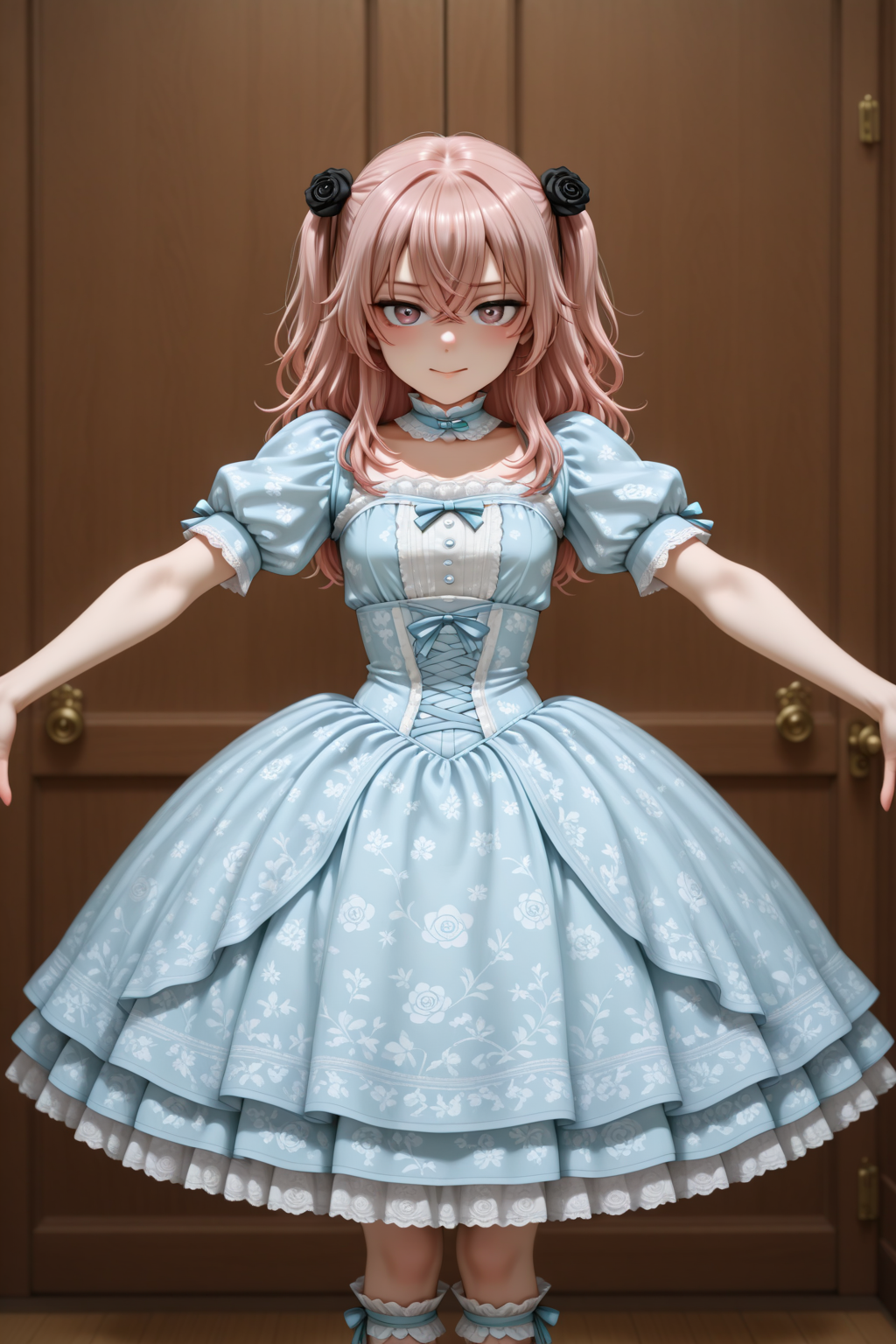 masterpiece, best quality, amazing quality, 1girl, solo, makeup, general, looking at viewer, blush, cowboy shot, smile, boutique, indoors, fancy, blush, lovely, spread arms, anime screencap, <lora:sajuna-inui-s1-illustriousxl-lora-nochekaiser:1>, sajuna inui, inui sajuna, long hair, bangs, hair ornament, hair between eyes, pink hair, pink eyes, two side up, crossed bangs, black flower, black rose, mature female, small breasts, <lora:Azure_Grace_Doll_Dress:1>, Azure_Grace_Doll_Dress, blue dress, frilled dress, layered dress, cross-laced clothes, blue bow, blue ribbon, puffy short sleeves, floral print, lace trim, corset, neck cuff, white socks, frilled socks, shoes, footwear bow, <lora:wai-2Rectified-V140:1>, <lora:illustrious_noobai_epsilon_pred_1_masterpieces_v1:1>