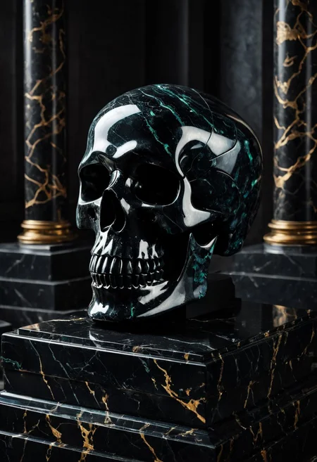 Fujifilm XT3, Sony A7 IV, (award winning photography) a (black: 0.89) marble skull made of opal (Kintsugi: 0.89) set on a pedestal in temple, glistening. in the background beautiful pillars, divine (iridescent: 0.79), opalescent textures, volumetric light, ethereal, sparkling, studio photo, highly detailed, sharp focus (highest quality: 1.39) (highest coherency: 1.39) (award winning photography), highly detailed photography, (muted colors, cinematic, dim colors, soothing tones:1.2), vibrant, insanely detailed, hyperdetailed, (dark shot:1.2), (vsco:0.3), (intricate details:0.9), (hdr, hyperdetailed:1.2) (vignette), sss, raw photo, fijifilm, kodak, cinematic film grain