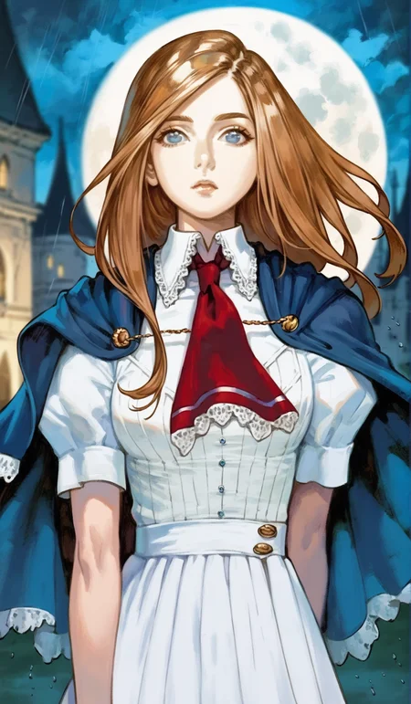 score_9,score_8_up,score_7_up,
highres,highly detailed,
<lora:CharlotteAulin:1>,
charlotteaulin,
1girl,solo,
brown hair,long hair,
blue eyes,looking at viewer,
blue cape with white lace trim,white thigh length dress,white lace trim collar,red tie with white lace trim,short puffed sleeves,
(portrait:1.2),
blurry background,vignetting,outdoors,castle,(night:1.2),dark,full moon,dark,light particles,cloudy,rainy days,