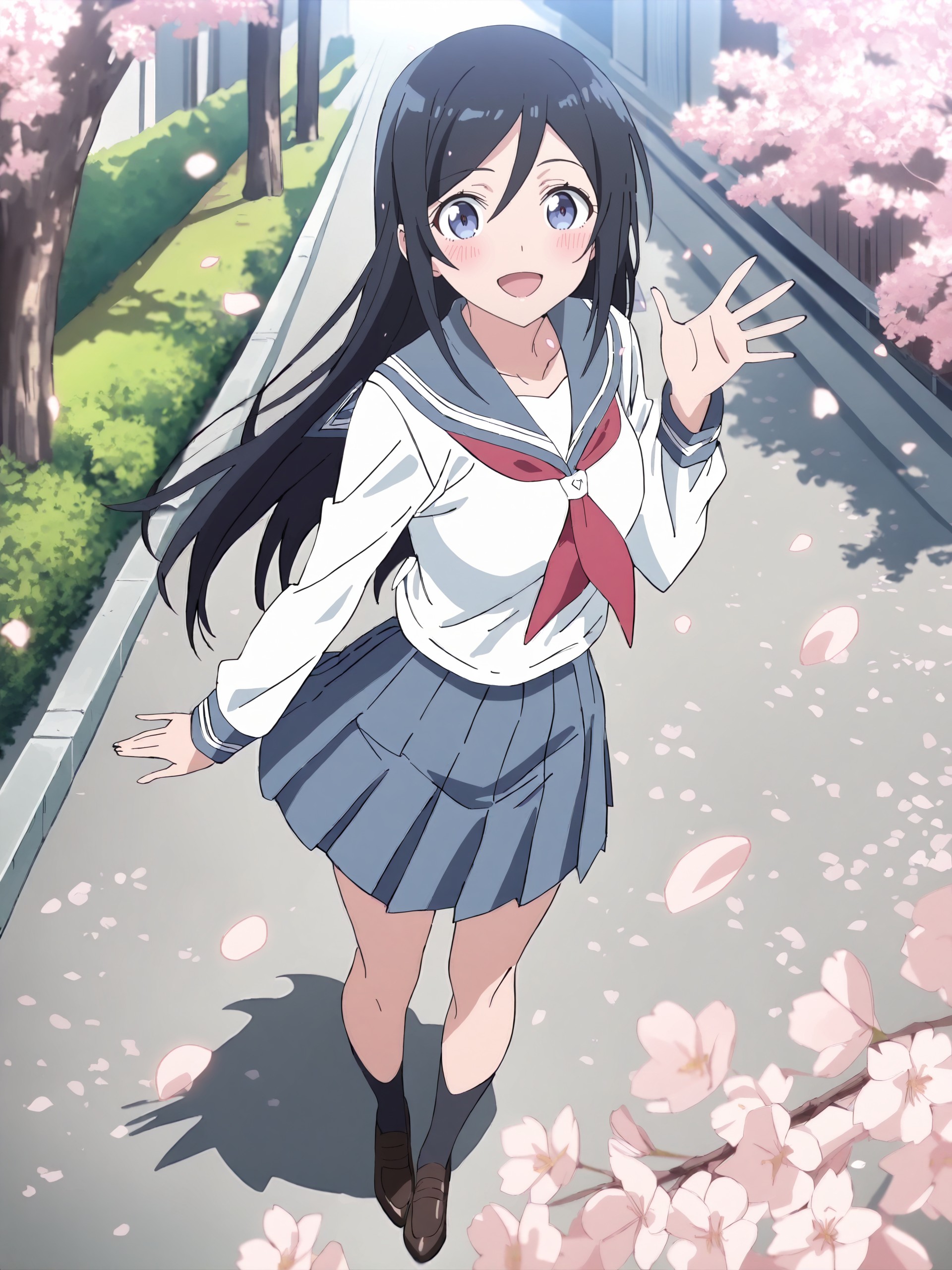 masterpiece, high score, great score, absurdres, anime screenshot, anime coloring,  <lora:Char-Aragaki_Ayase-V1-SDXL:1:hr=0.7>, 1girl, aragaki ayase, solo, serafuku, blue pleated skirt, red neckerchief, loafers, black socks, waving, looking at viewer, smile, open mouth, standing, full body, outdoors, street, cherry blossoms, petals, depth of field