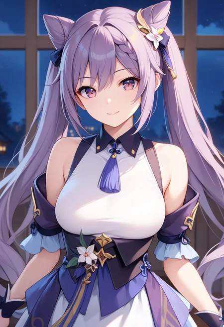 score_9, score_8_up, score_7_up, source_anime, best quality, masterpiece, 1girl, solo, smile. cowboy shot indoors, night,
keqingcs, purple hair, cone hair bun, purple eyes, long hair, double bun, braid, twintails,
