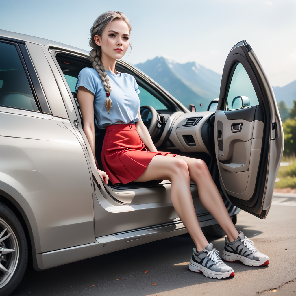 score_9, score_8_up, score_7_up, score_6_up, score_5_up, score_4_up,  slim girl sitting in gray car,  gooc,  sneakers, short red skirt, blue blouse , a blond braided ponytail .
 <lora:GetOutOfCarPony:.7>