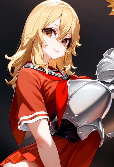 (masterpiece:1.2, best quality), (finely detailed eyes: 1.2) (ultra-detailed, hires), (detailed face, detailed eyes), (best illumination), detailed glow, high contrast, looking at viewer, ((solo)), smile, closed mouth, 1girl, huge breasts, wide hips, thick thighs, centurii-chan, blond hair, brown eyes, hair between eyes, medium hair, fluffy hair, bangs, armor, ((breastplate)), dress, neckerchief, red neckerchief, red dress, short dress, short sleeves, pink lips, skindentation, no background, empty background, (((face shot))), (masterpiece, best quality, very aesthetic, absurdres), (ultra detailed perfect piece:1.2), illustration, masterpiece, (extremely detailed CG 8k), (very fine 8K CG), <lora:add-detail-xl:-1>