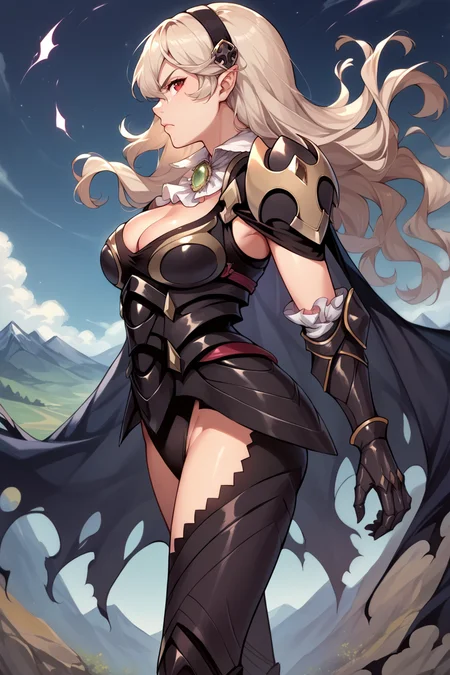 score_9, score_8_up, score_7_up, score_6_up, source_anime, BREAK 1girl, looking at you <lora:corrin-pdxl-nvwls-v1-000005:1> lgdCor, black hairband, cleavage, black armor, shoulder armor, gauntlets, black gloves, torn cape, black leotard, black legwear, serious, profile, mountains, red sky, night sky, big breasts