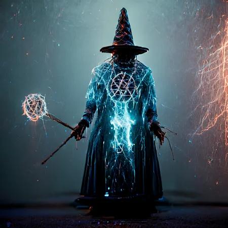 a wizard with a glowing staff and a glowing hat <lora:oldMJstyle_v1_SDXL:1> by oldMJstyle