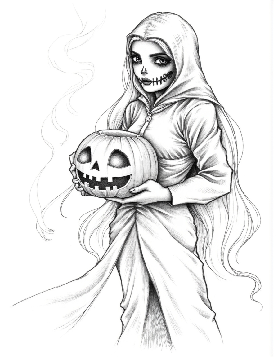 Halloween_Art_Style_Concept, A black-and-white pencil drawing