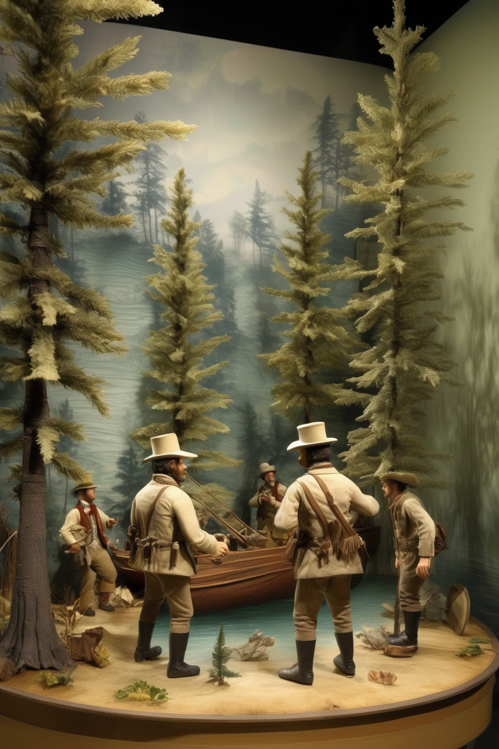 <lora:Diorama:1>Diorama - photorealistic museum diorama of an 1800s American explorers with fake trees and fake water