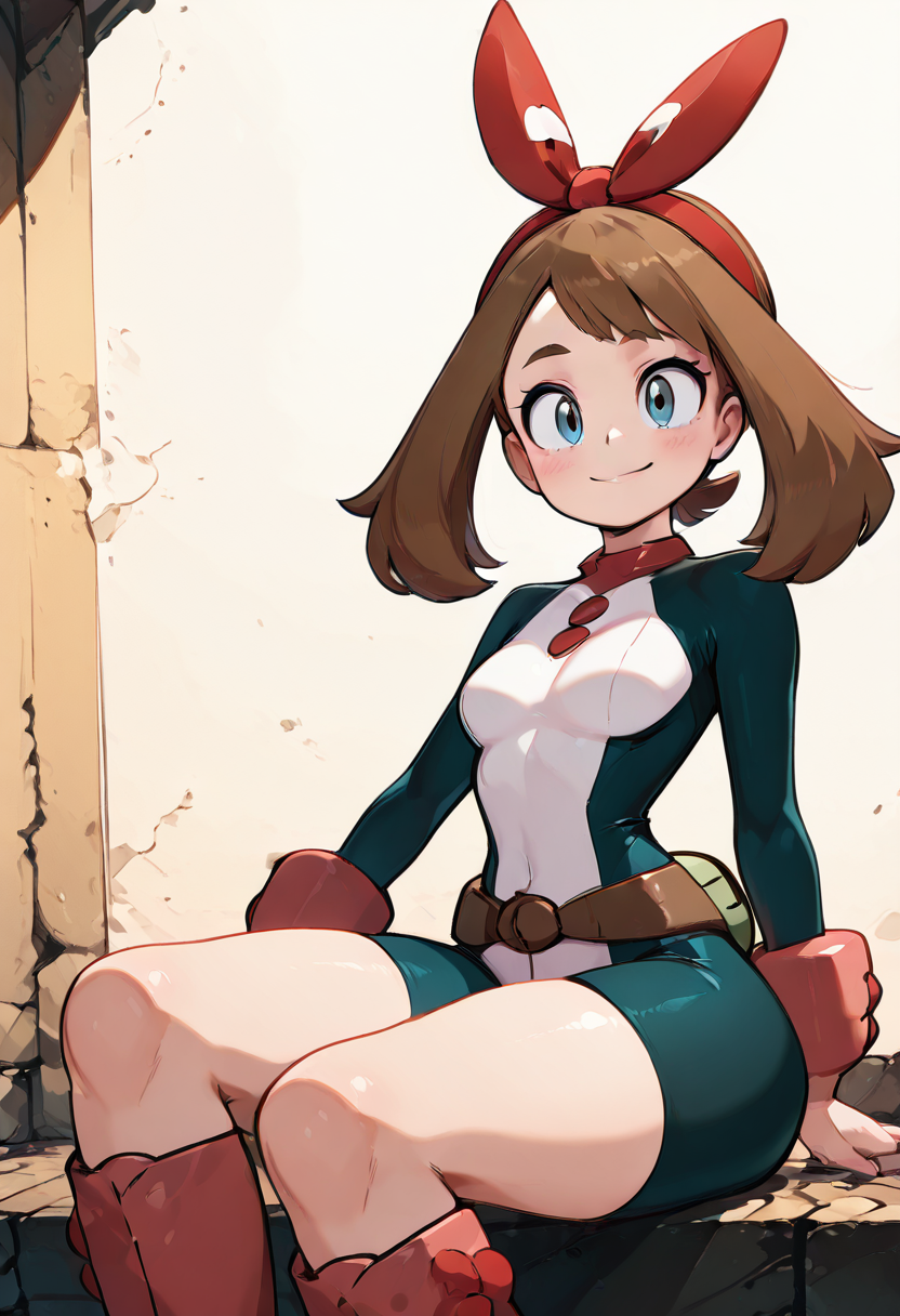 masterpiece, best quality, 1girl, eyelashes, (beautiful eyes), looking at viewer, smile, narrow waist, wide hips,  sitting,  zzMayOchako, blue eyes, brown hair, medium hair, red hairband, knee boots, belt, bodysuit,   (foreshortening),  ,<lora:MayOchakoPokemon_IXL:1.0>, , smile, looking at viewer, side view, upper body,  <lora:DiivesIXL:1.0>,