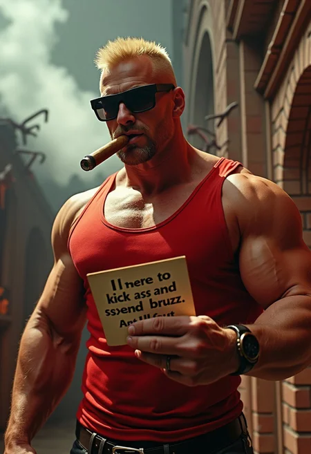 masterpiece, best quality, highly detailed, score_9, score_8_up, score_7_up,
BREAK, 70mm lens, full-color photograph, shadows, cinematics lighting, volumetric lights, realistic lights, three quarter view, film grain,
BREAK, cowboy shot, zoom out
BREAK, Very muscular man, Duke Nukem, buzz-cut hair, blonde, strong jawline, view from below, wearing tight red shirt, smoking a fat cigar, wearing sunglasses, hellish landscape in the background, demons in the background, ,
BREAK,
Holding a card that says "I'm here to kick ass and spend buzz. And I'm all out of buzz."