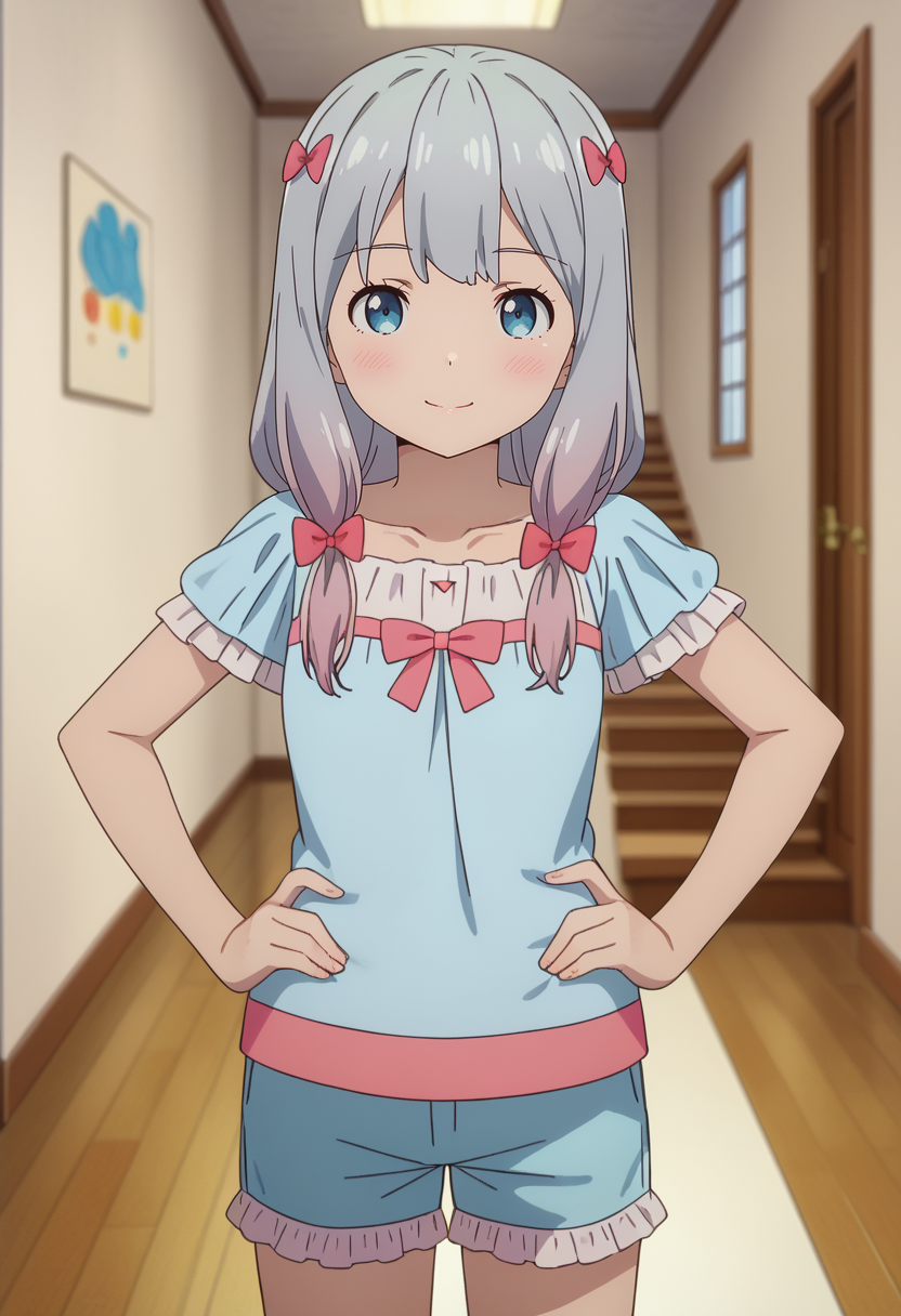 score_7_up, anime screencap,
<lora:EromangaSensei_IzumiSagiriXL:0.9>,
1girl, solo, closed mouth, light smile,
low-tied long hair, multicolored hair, grey hair, blue eyes, hair bow, pink bow,
SagiriHome, frilled shirt, blue shirt, short sleeves, frilled shorts, short shorts, blue shorts,
standing, looking at viewer, hands on own hips,
blurry background, indoors, hallway, staircase