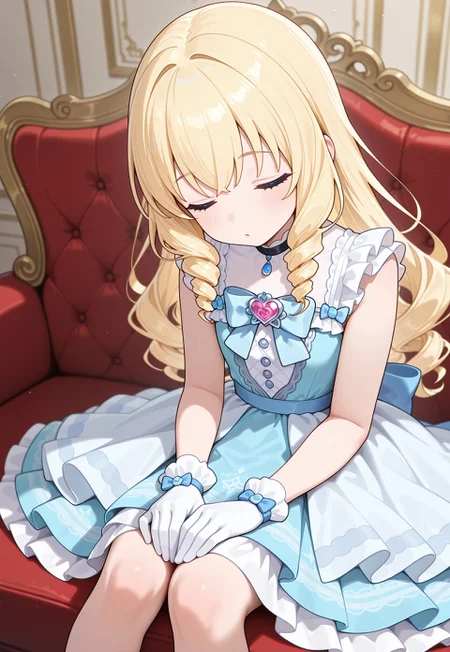 masterpiece,extremely detailed,best quality,amazing quality,newest,absurdres,highres, littlemycinderella, 1girl, adult, solo, drill hair, blonde hair, blue eyes, gloves,  white gloves, blue dress, bow, blue bow, bangs,  sleeveless, sleeveless dress, frills, light brown hair, heartbrooch, sleeping, sitting on couch,  hands on knee BREAK  In a gorgeous castle