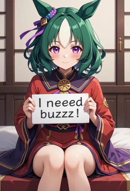 (umamusume, durandal_(umamusume),
, need_buzz
, In the 2D anime style, the character is Murasame from "Senren Banka". She has long light - green hair adorned with purple bows and colorful ribbons, and her eyes are red. She is dressed in traditional Japanese clothing. The main part of the clothing is dark - colored, matched with a red sash and gold decorations. She wears a wide, dark - colored robe with large sleeves. The character is sitting in a relaxed posture with her legs crossed. The overall atmosphere is light - hearted and cute. The background is pure white, which highlights the character.
need_buzz, holding sign