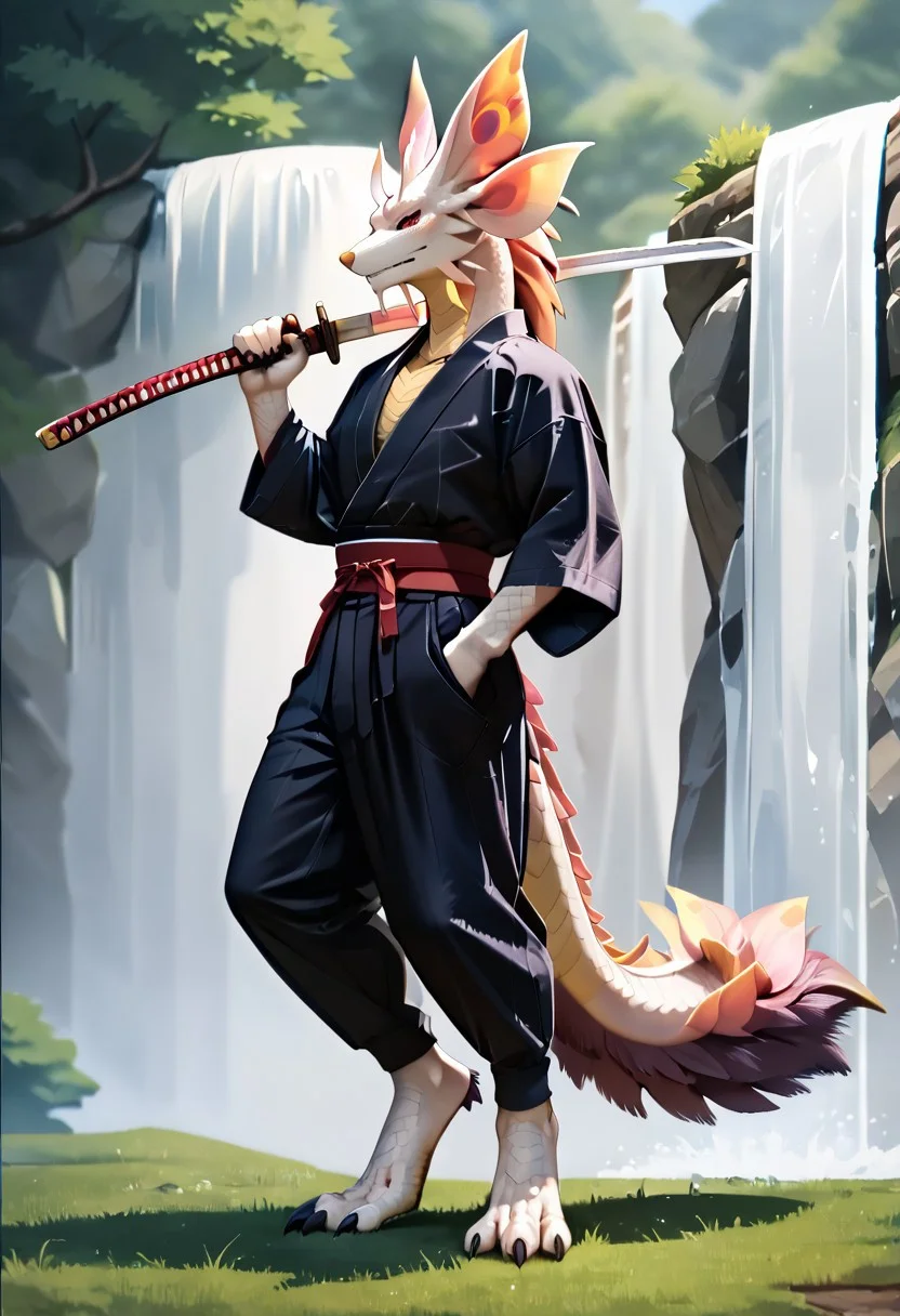 zPDXLscore_9,score_6_up,score_8_up,score_7_up,score_5_up,score_4_up,best quality, <lora:Mizutsune-XL-ADAM-V2-000035>, mizutsune, anthro, dragon, white scales, purple tail fur, male, solo, digitigrade, detailed tail, halfbody, black sclera, red eye shadow, tall, athletic, ronin clothes, male black color kimono, black medieval pants, standing pose, badass pose, katana, holding katana, katana over shoulder, serious expression, waterfall river background, detailed background, view from side, semi-anime style