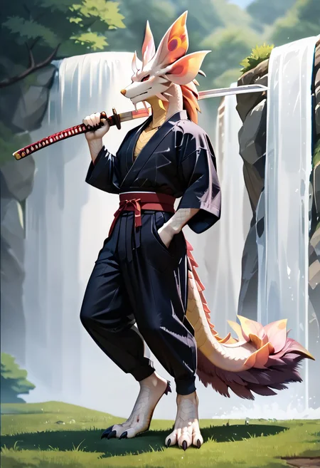 zPDXLscore_9,score_6_up,score_8_up,score_7_up,score_5_up,score_4_up,best quality, <lora:Mizutsune-XL-ADAM-V2-000035>, mizutsune, anthro, dragon, white scales, purple tail fur, male, solo, digitigrade, detailed tail, halfbody, black sclera, red eye shadow, tall, athletic, ronin clothes, male black color kimono, black medieval pants, standing pose, badass pose, katana, holding katana, katana over shoulder, serious expression,  waterfall river background, detailed background, view from side, semi-anime style