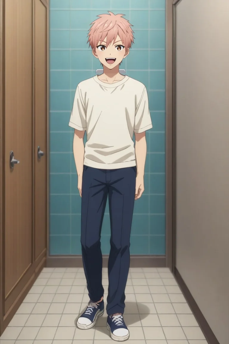 score_9, score_8_up, score_7_up, source_anime, rating_safe, , anime screencap, , , looking at viewer, depth of field, 1boy, solo, male focus, <lora:shion_asuma_pony:0.74>, shion_asuma, pink hair, brown eyes, short hair, full body, bathroom, light, the pose, laughing, , <lora:sdxl_lightning_8step_lora:1>