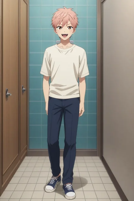 score_9, score_8_up, score_7_up, source_anime, rating_safe, , anime screencap, , , looking at viewer, depth of field, 1boy, solo, male focus, <lora:shion_asuma_pony:0.74>, shion_asuma, pink hair, brown eyes, short hair, full body, bathroom, light, the pose, laughing, , <lora:sdxl_lightning_8step_lora:1>