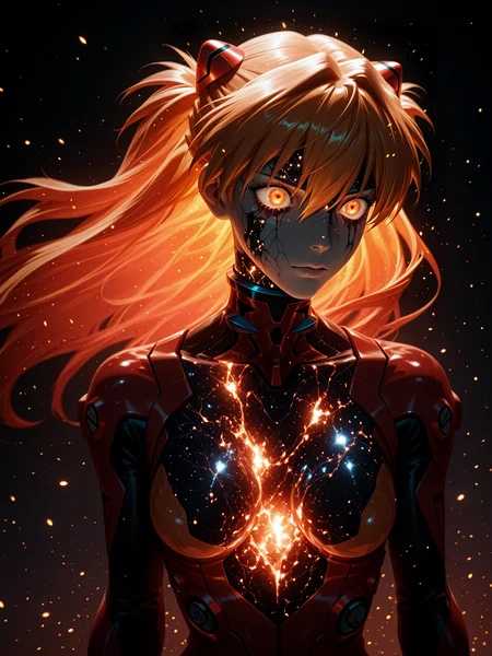 masterpiece, amazing quality, best quality, ultra-detailed, 8K, ultra-detailed-eyes, newest, highres, absurdres, volumetric lighting, raytracing, soft lighting, bloom effect, glow, shining, intricate cinematic background, 1girl, solo, <lora:SpaceGoddess:1> sp4ce-g0dd3ss, Asuka Langley Sohryu, headshot, orange hair, embers, fire, inner glow, glowing orange eyes, glowing hair, glowing veins, red outfit, glowing arms, glowing chest, <lora:reij-rt:1.5> <lora:spo_sdxl_10ep_4k-data_lora_webui:1.5>