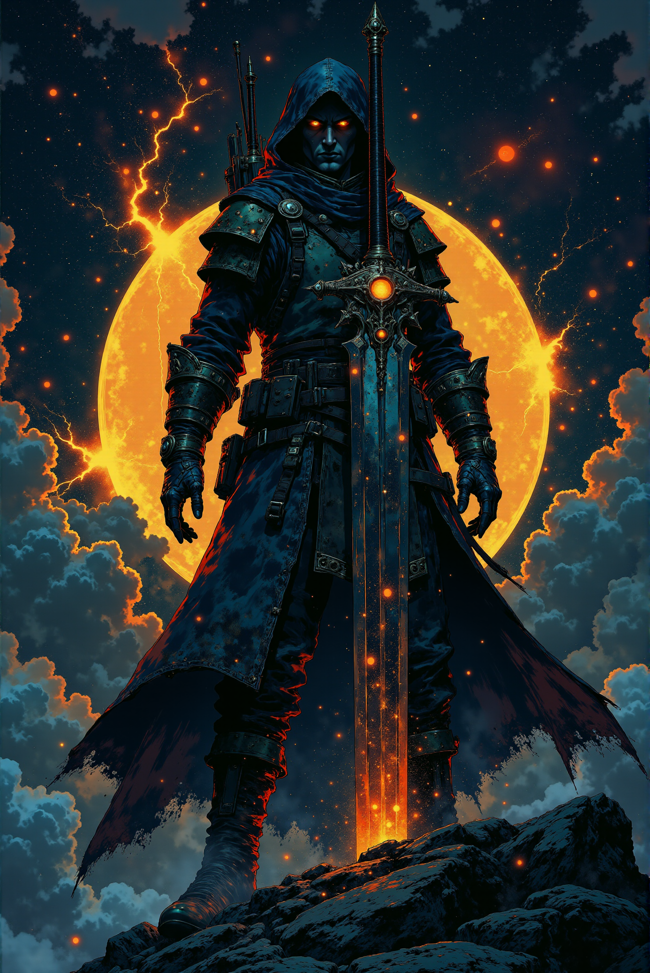 <lora:Vibrantly_Dark_style_v.1:0.85> VibrantlyDark style. Mysterious Hooded Warrior with a Celestial Blade. A dark fantasy portrait of an enigmatic warrior, draped in a deep midnight-blue cloak, standing atop a rocky precipice beneath a celestial eclipse. His piercing, glowing orange eyes burn with intensity beneath the shadows of his hood, exuding an aura of raw power. In his grip, a massive greatsword gleams with ethereal energy, its crystalline blade appearing as if forged from stardust and frozen light. Behind him, a swirling halo of cosmic fire pulses with celestial might, its fiery hues blending into the distant nebulae of the void. The warriorâs gauntleted hands, wrapped in leather and adorned with intricate metallic engravings, tighten around the swordâs hilt, prepared for an impending battle. The dark, gothic atmosphere is punctuated by dramatic chiaroscuro lighting, enhancing the warriorâs formidable presence against the cosmic backdrop. The piece conveys an ominous, otherworldly grandeur, fusing mysticism, celestial mythology, and heroic fantasy into an unforgettable image.