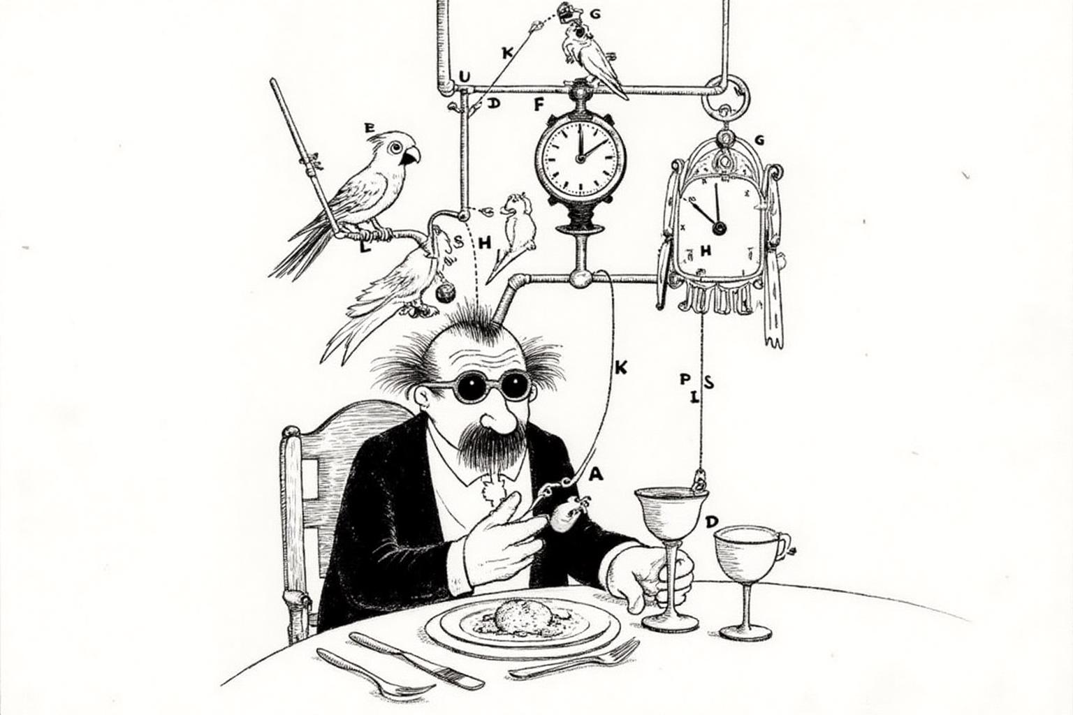rugo1 illustration. 
The central figure is a bespectacled, bearded man with a wild, exaggerated hairstyle, seated at a table. He has a bewildered expression and is wearing a black suit. The table in front of him is set with a plate, knife, fork, and a goblet, which he is holding with a confused look. His head is attached to a complex contration, containing a clock and a parrot.
 <lora:rugo1_cap_d6a3e11:1.0><lora:828774146898002952:0>