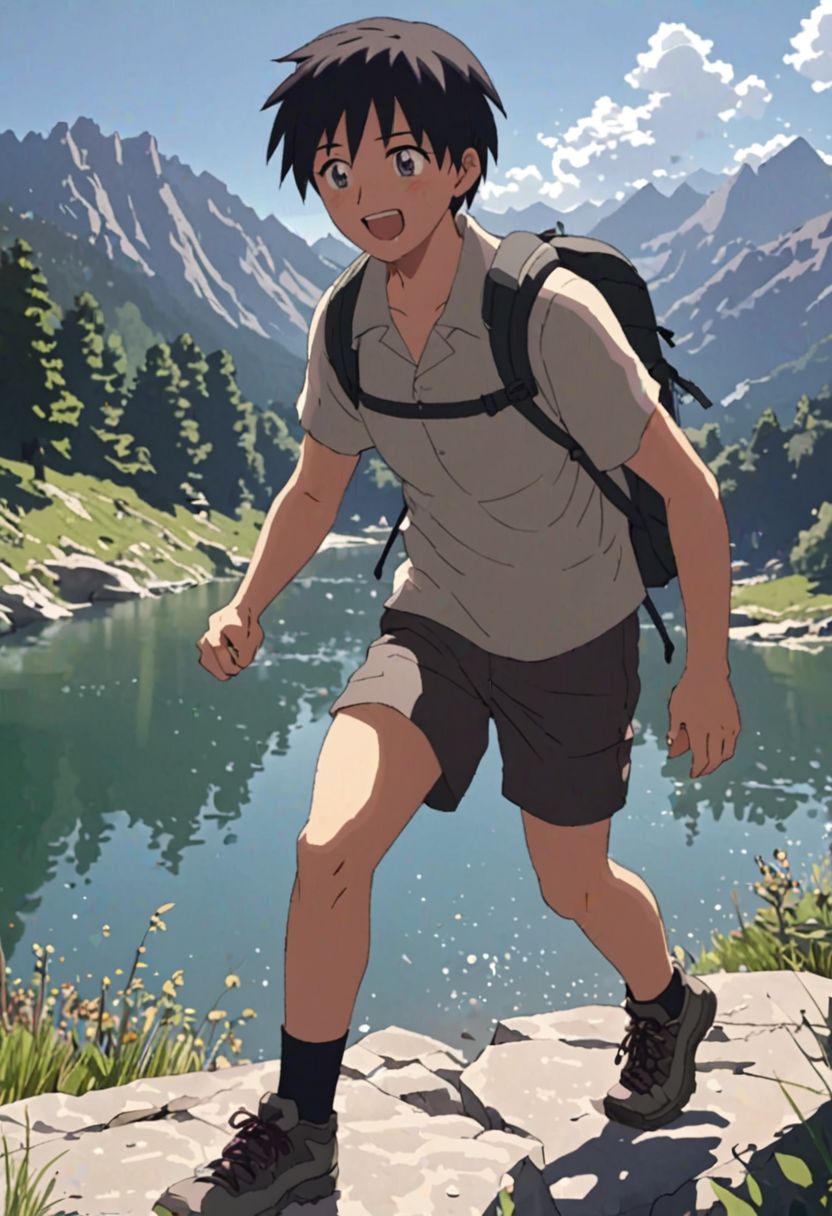Highres, Masterpiece, High Quality, 4K, 8K, solo, 1Boy, Takaki Toono, adult, black hair, short hair, hiking gear, mountains, lakes, hiking trails, hot sun, hot weather, cool breeze, excited, stepping, happy, amazed, sweat drops, trees, rocks, easynegative, detailed_eye_model