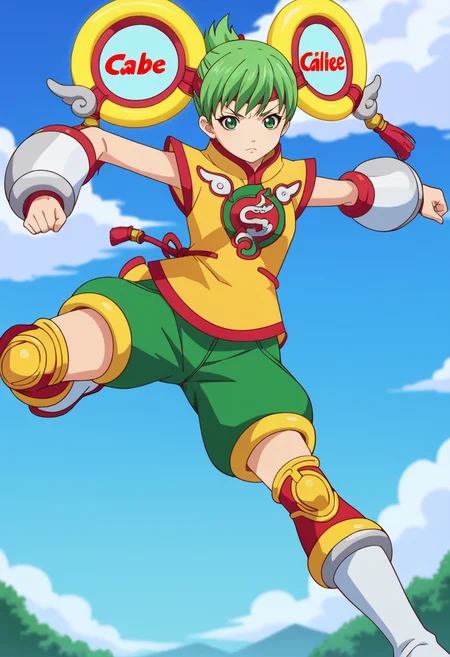 score_9,score_8_up,score_7_up,anime coloring BREAK source_anime,anime,<lora:Pao-Lin_Huang__Dragon_Kid_ãã¡ã³ããªãªã³__ãã©ã´ã³ããã__TIGER__BUNNY__PonyXL>,1girl,solo,paolinh,superhero,chinese clothes,green hair,green eyes,detached sleeves,thighhighs,short hair,short ponytail,headgear,green shorts,serious,jumping,sky,from_below,full body,