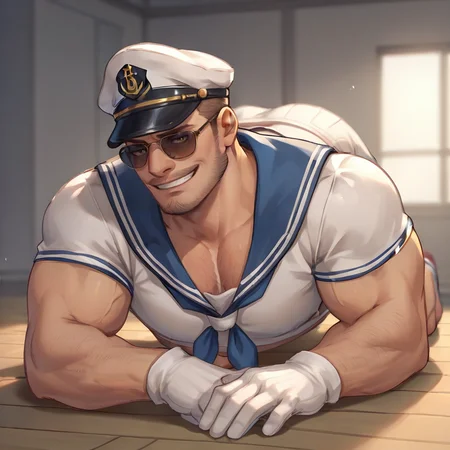 Sailor_chris man, beard, sunglasses, mature male, bara, sailor costume, sailor hat, sailor collar, smug, posing, smiling, sultry pose, laying on wooded floor, warm lighting, <lora:Chris_Redfield_Sailor_Chris:.5> white gloves <lora:WolfConF_Style_PonySDXL:.5>, score_9, score_8_up, score_7_up, <lora:Smooth Anime 2 Style SDXL_LoRA_Pony Diffusion V6 XL:.3> <lora:add-detail-xl:.8> zPDXL3,